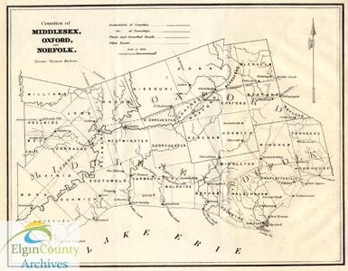 Map of Middlesex, Oxford and Norfolk Counties, ca. 1840, MAP186