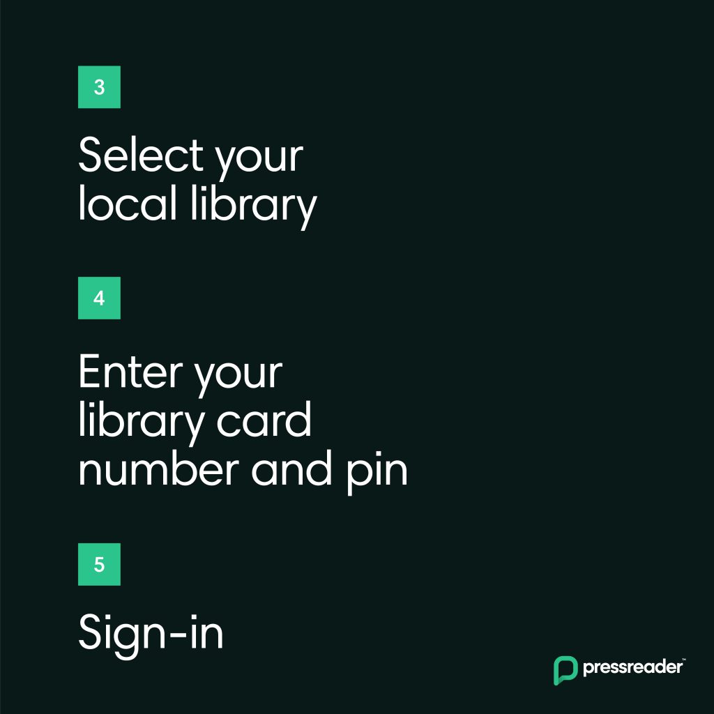 PressReader graphic that reads 3. select your local library 4. enter your library card number and pin 5. sign in