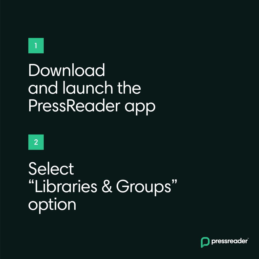 graphic that reads 1. download and launch the PressReader app 2. select 'Libraries & Groups' option
