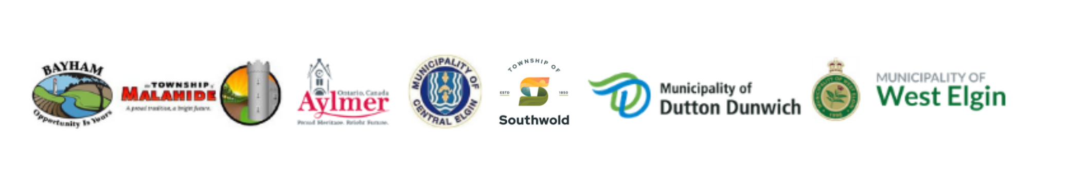 Logos for the Municipality of Bayham, Township of Malahide, Township of Southwold, Municipality of Central Elgin, Town of Aylmer, Municipality of Dutton Dunwich and Municipality of West Elgin