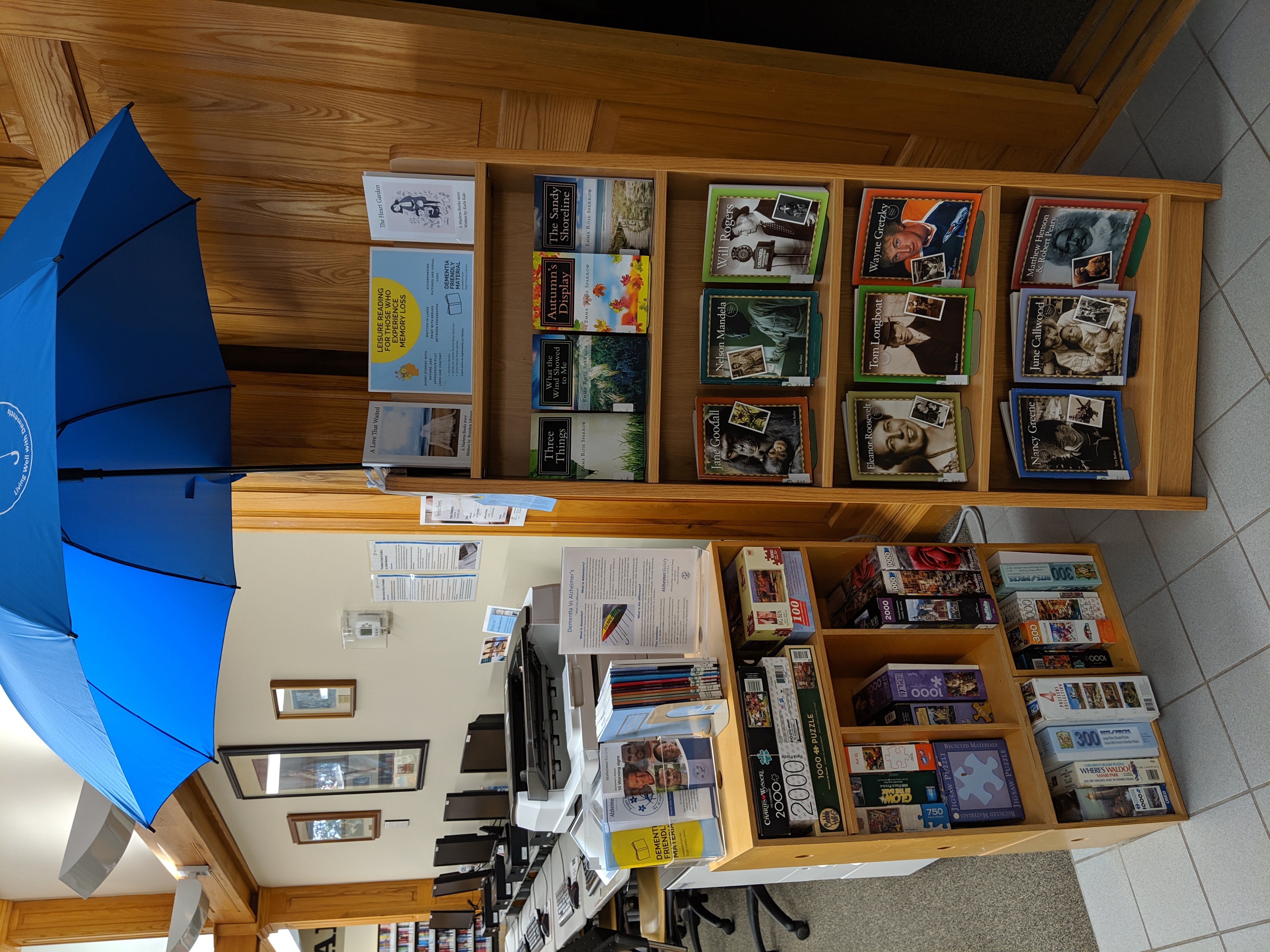 photo of a display of dementia-friendly items in one of our libraries