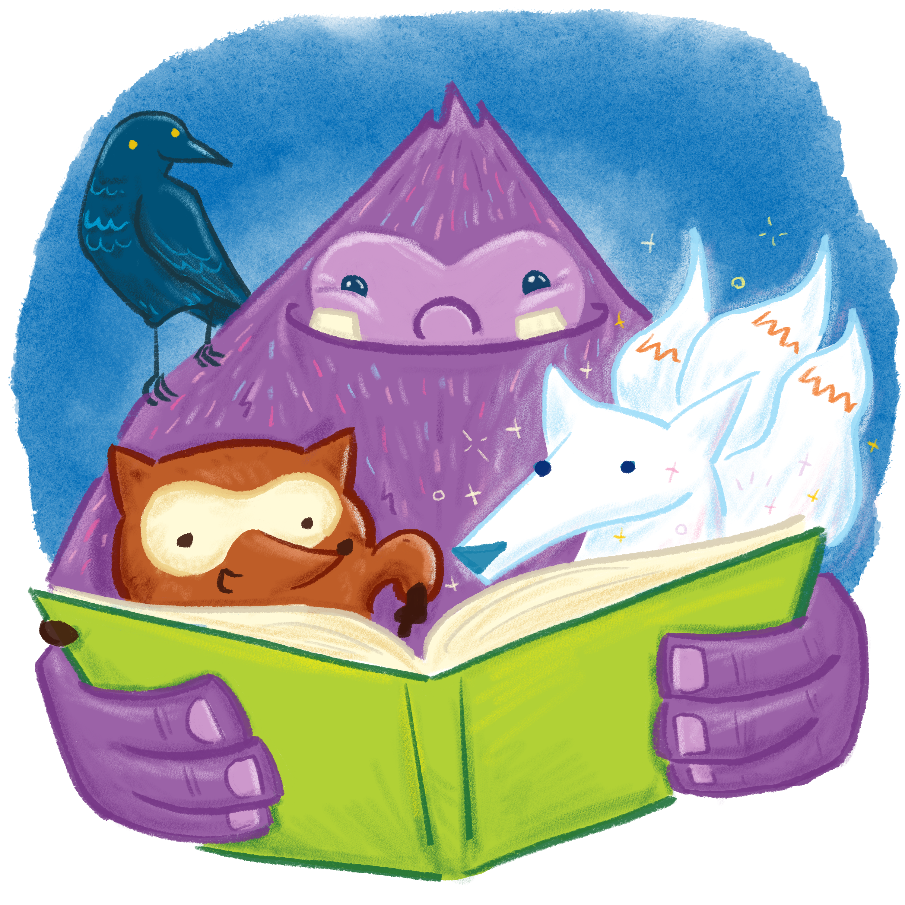 monsters reading a book together