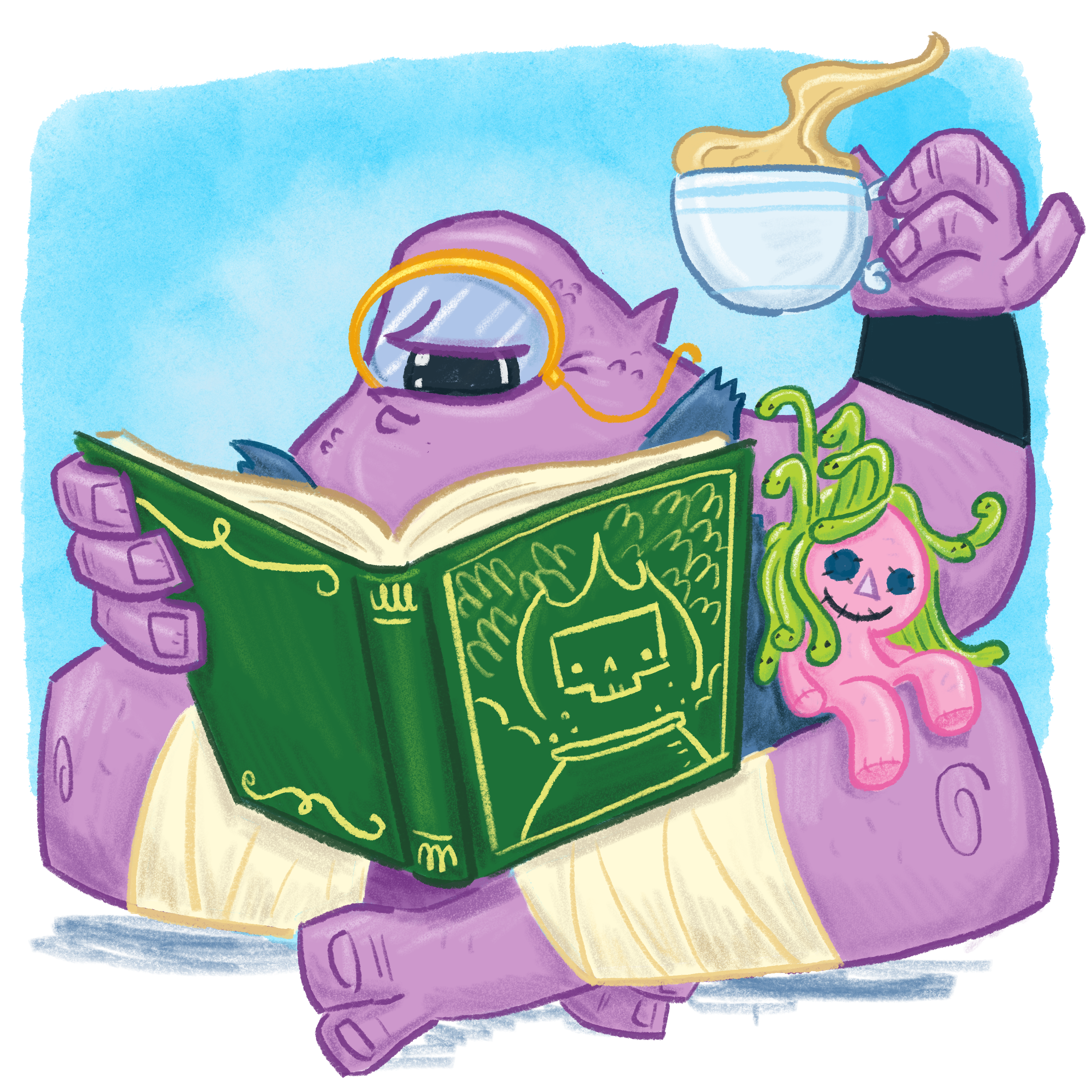 cartoon monster reading a book with a stuffed animal and a cup of tea