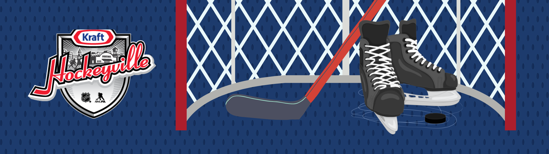 Kraft Hockeyville logo on blue background with hockey net, skates and hockey stick