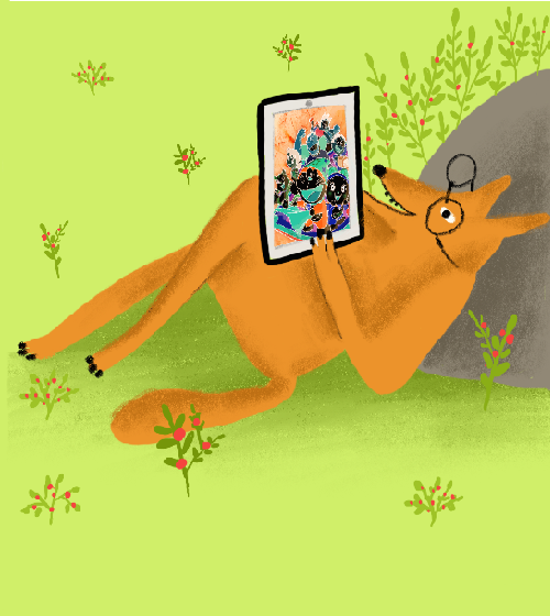 cartoon fox lying in the grass watching a video on a tablet
