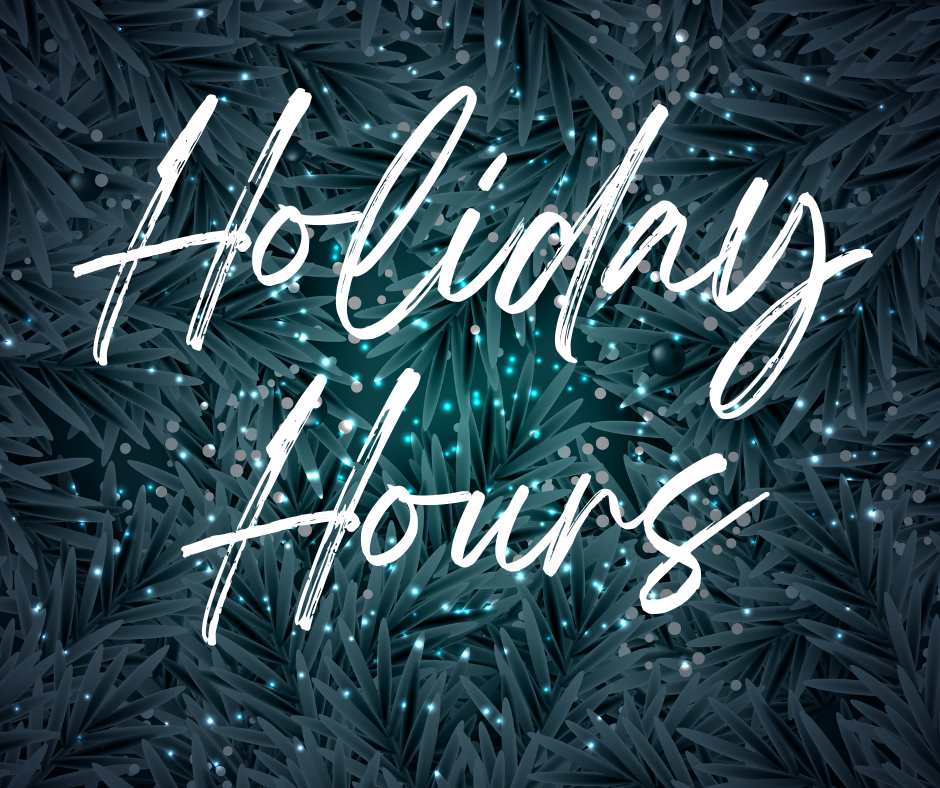 Holiday Hours on a background image of tree branches