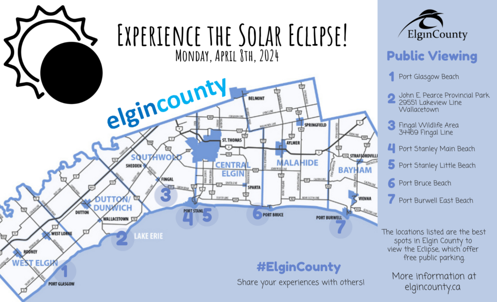 Map of Elgin County, noting public locations where people can view the eclipse