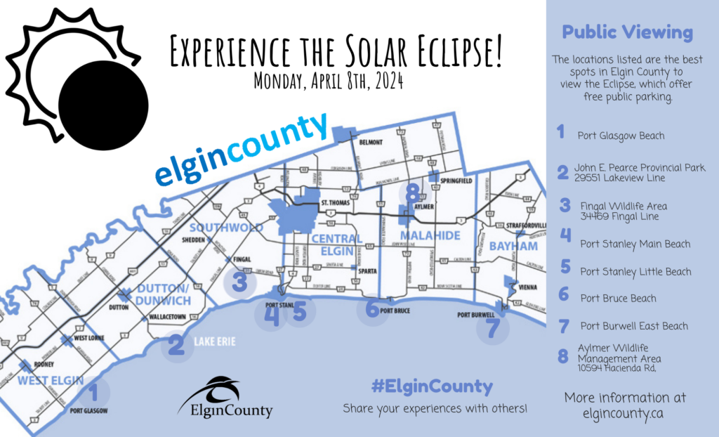 Map of Elgin County highlighting areas where people can go to view the eclipse
